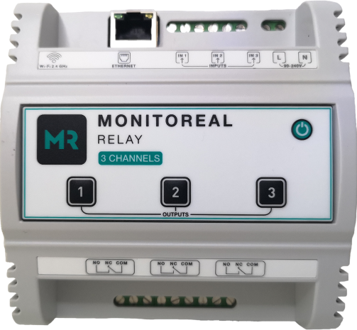 Monitoreal's I/O Relay product photograph, four channels. It can trigger actions using AI video analytics and can be integrated with existing cctv security systems