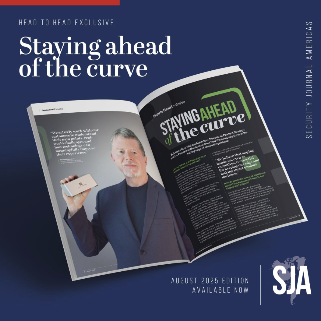 An open brochure showing the CEO of Monitoreal holding an edge ai device
